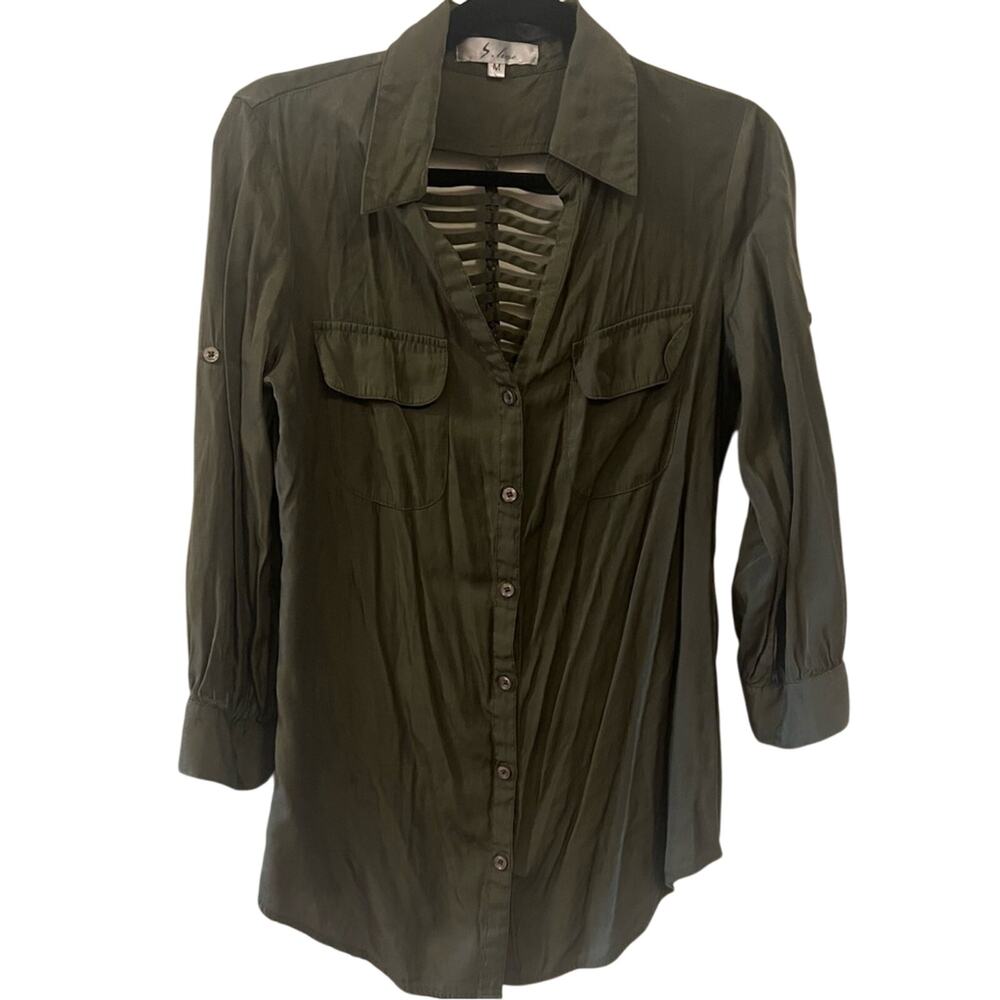 Olive Green Cage Back Button Down Shirt - M